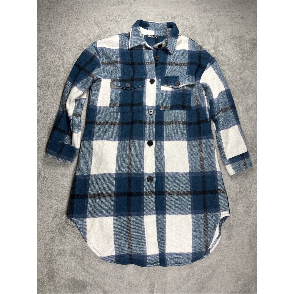 Pretty Garden Plaid Shacket Flannel Jacket Button Knee Length Size Medium